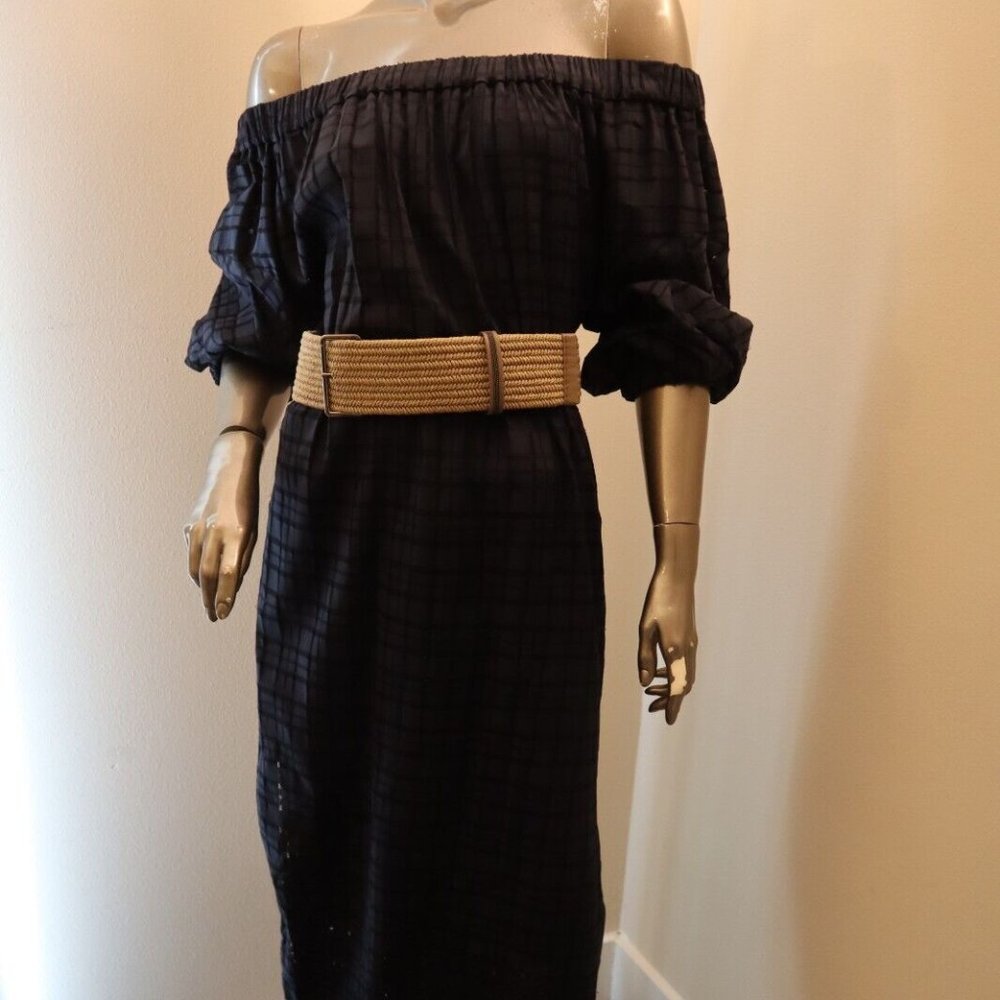 Brunello Cucinelli Idi Midi Dress Off Shoulders Navy Raffia Monili Belt Medium - Picture 6 of 15